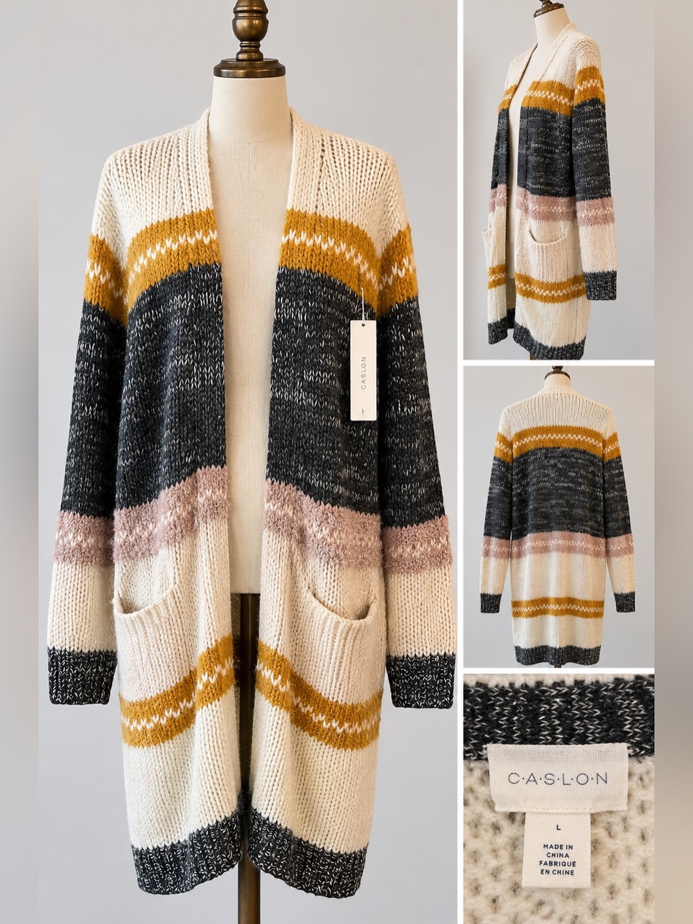Caslon Long Open Front Cardigan Sweater Striped Boho Size L NWT